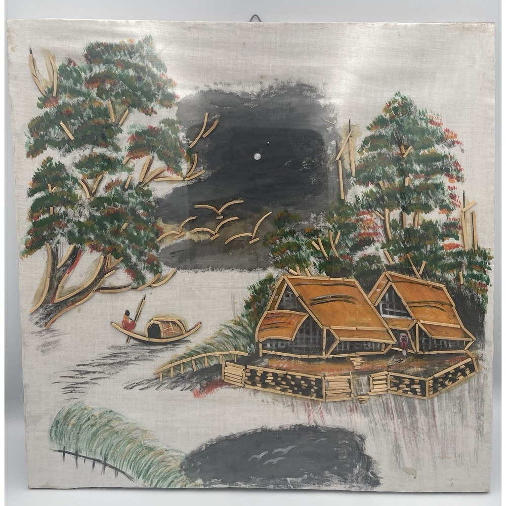 Vtg. Asian Vietnamese Painting On Fabric Bamboo 3D Fishing Village River
